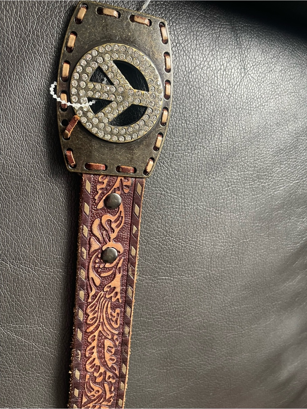 Ariat Brown Tooled Leather Belt with Peace Sign Crystal Buckle